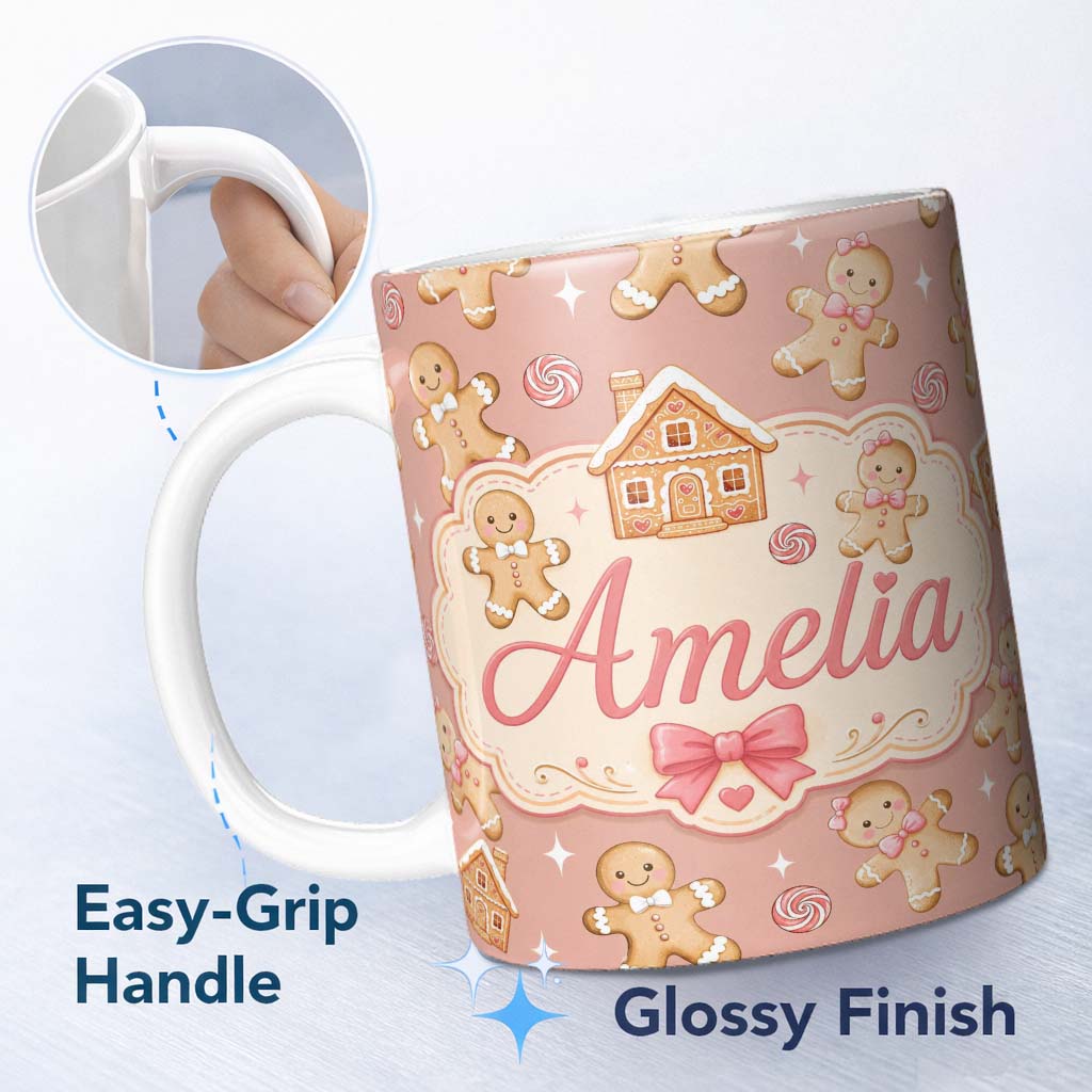 Personalized Custom Name Cute Gingerbread Cookies Candy House Peach Background Seamless 11oz Ceramic Coffee Tea Mug White Large Handle