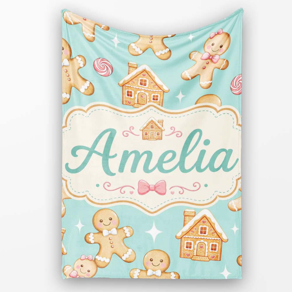 Cute Gingerbread Cookies Candy House Teal Background Seamless Personalised Custom Name Super Soft Fleece Blanket Bed Sofa Throw