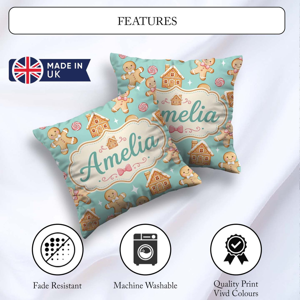 Custom Name Cute Gingerbread Cookies Candy House Teal Background Square Filled Cushion Throw Pillow Sofa Bed Home Decor Zip Washable UK Made