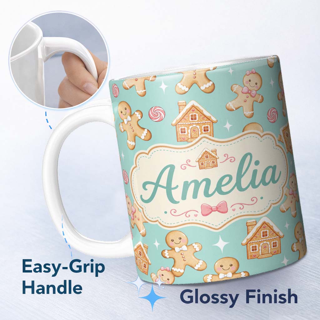 Personalized Custom Name Cute Gingerbread Cookies Candy House Teal Background Seamless 11oz Ceramic Coffee Tea Mug White Large Handle