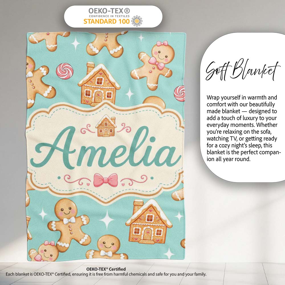 Cute Gingerbread Cookies Candy House Teal Background Seamless Personalised Custom Name Super Soft Fleece Blanket Bed Sofa Throw