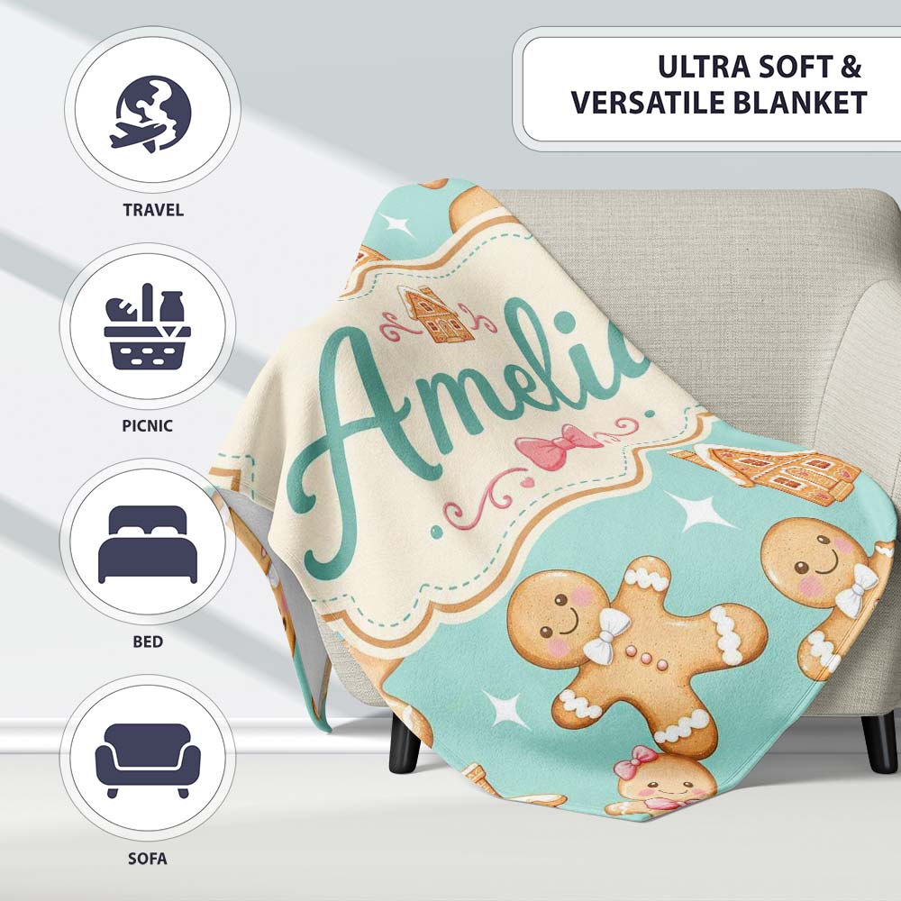 Cute Gingerbread Cookies Candy House Teal Background Seamless Personalised Custom Name Super Soft Fleece Blanket Bed Sofa Throw