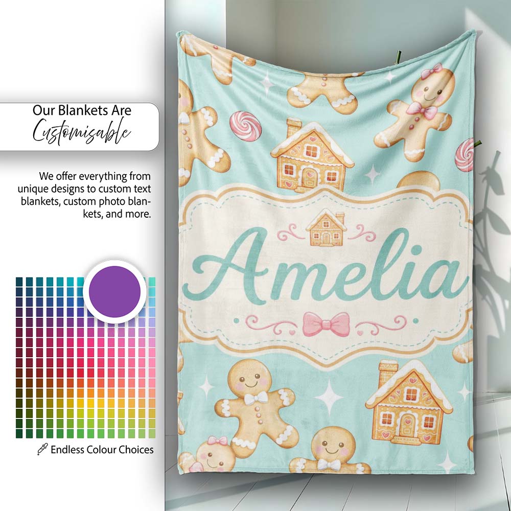 Cute Gingerbread Cookies Candy House Teal Background Seamless Personalised Custom Name Super Soft Fleece Blanket Bed Sofa Throw