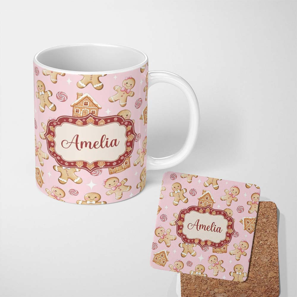 Personalized Custom Name Cute Gingerbread Cookies Candy House Soft Pink Background Seamless 11oz Ceramic Coffee Tea Mug White Large Handle