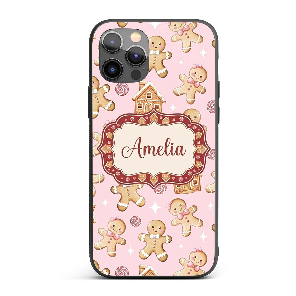 Cute Gingerbread Cookies Candy House Soft Pink Custom Name Protective Phone Case Mobile Cover Durable Everyday Smartphone Shock Resistant