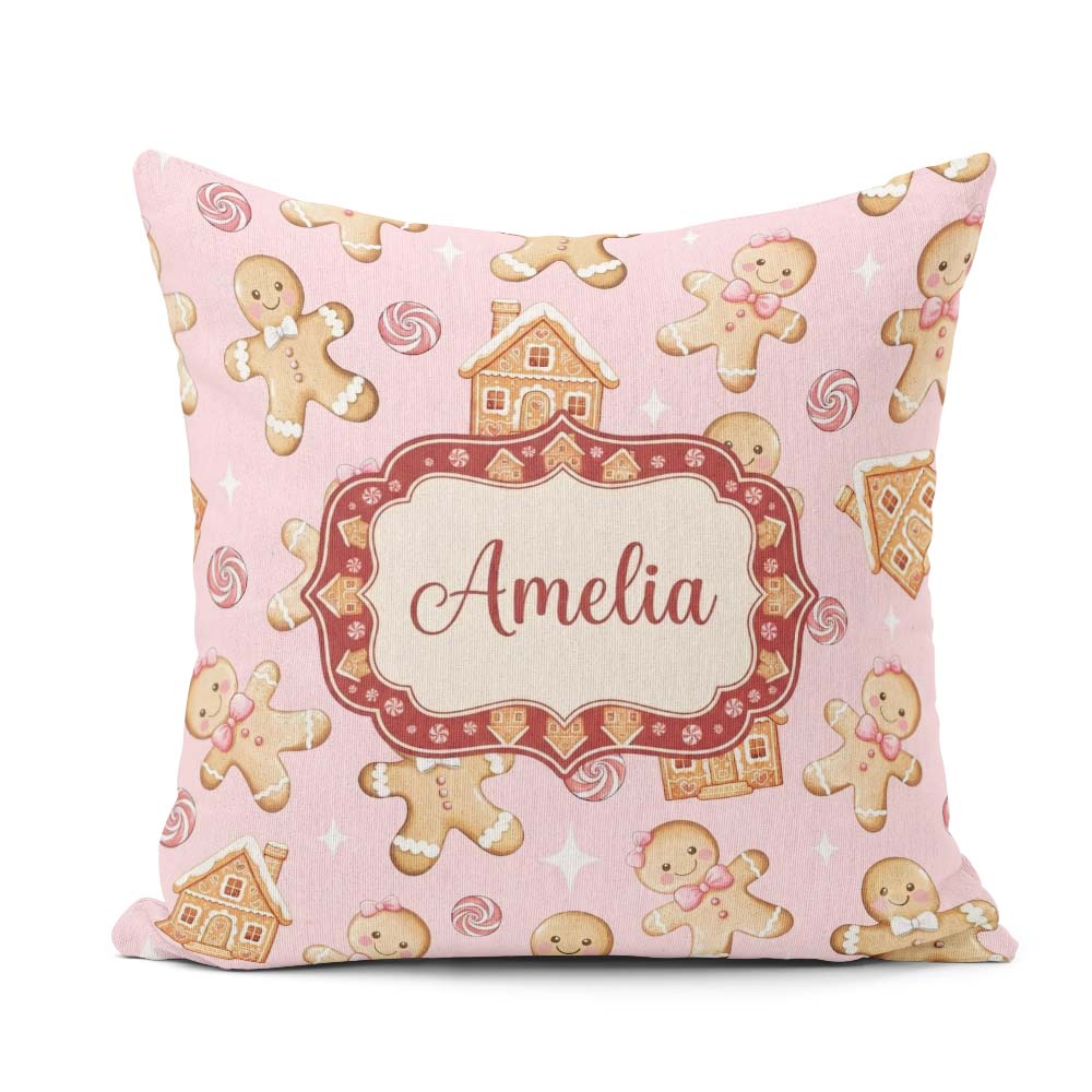 Custom Name Gingerbread Cookies Candy House Soft Pink Background Square Filled Cushion Throw Pillow Sofa Bed Home Decor Zip Washable UK Made