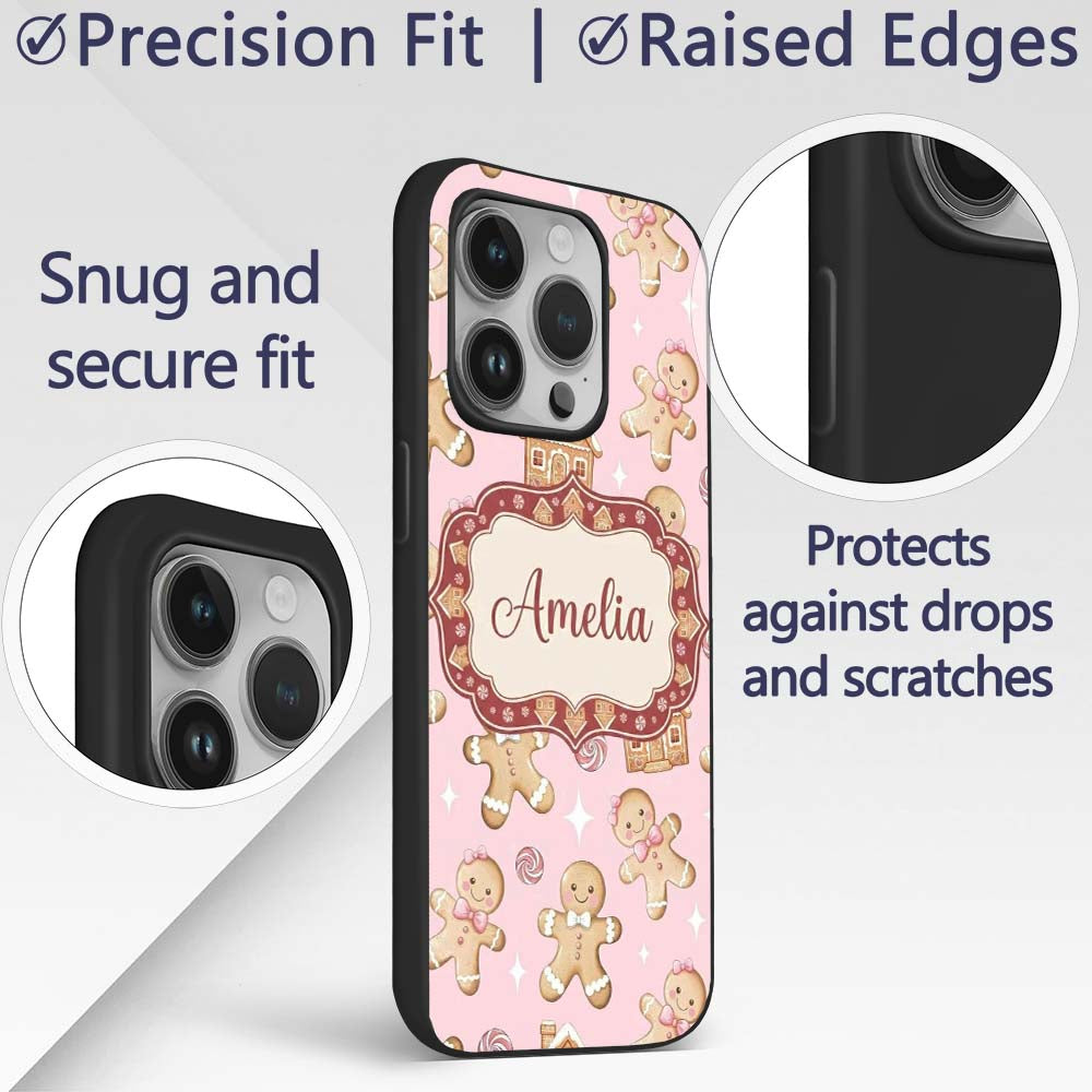 Cute Gingerbread Cookies Candy House Soft Pink Custom Name Protective Phone Case Mobile Cover Durable Everyday Smartphone Shock Resistant