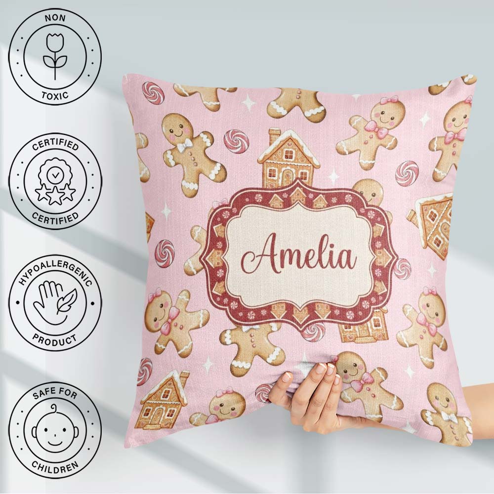 Custom Name Gingerbread Cookies Candy House Soft Pink Background Square Filled Cushion Throw Pillow Sofa Bed Home Decor Zip Washable UK Made