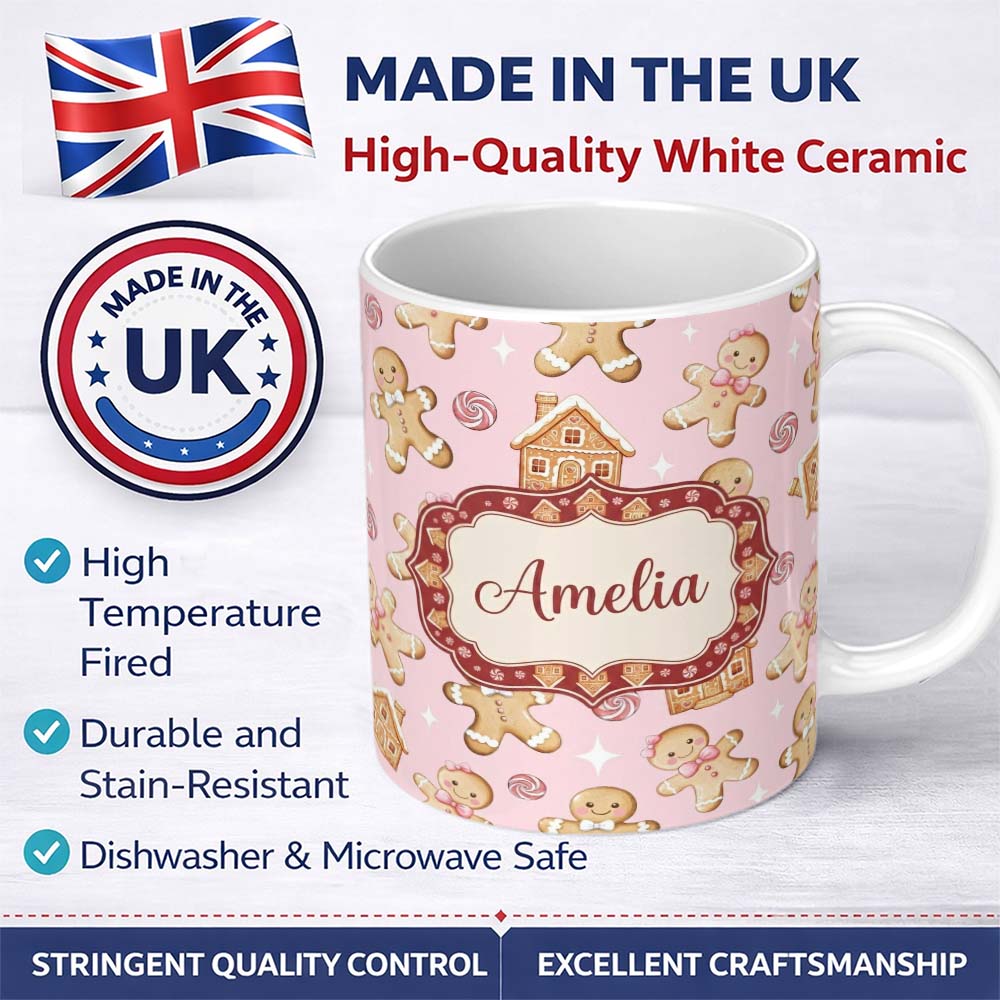 Personalized Custom Name Cute Gingerbread Cookies Candy House Soft Pink Background Seamless 11oz Ceramic Coffee Tea Mug White Large Handle