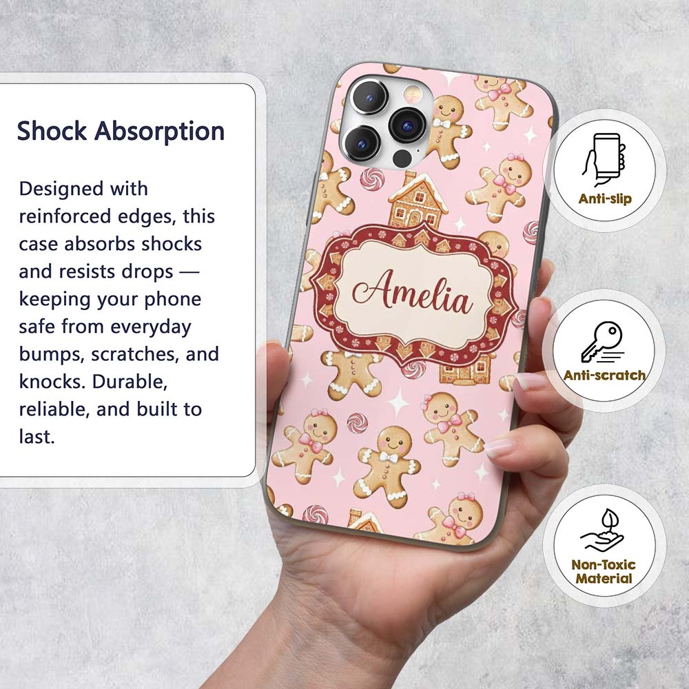Cute Gingerbread Cookies Candy House Soft Pink Custom Name Protective Phone Case Mobile Cover Durable Everyday Smartphone Shock Resistant