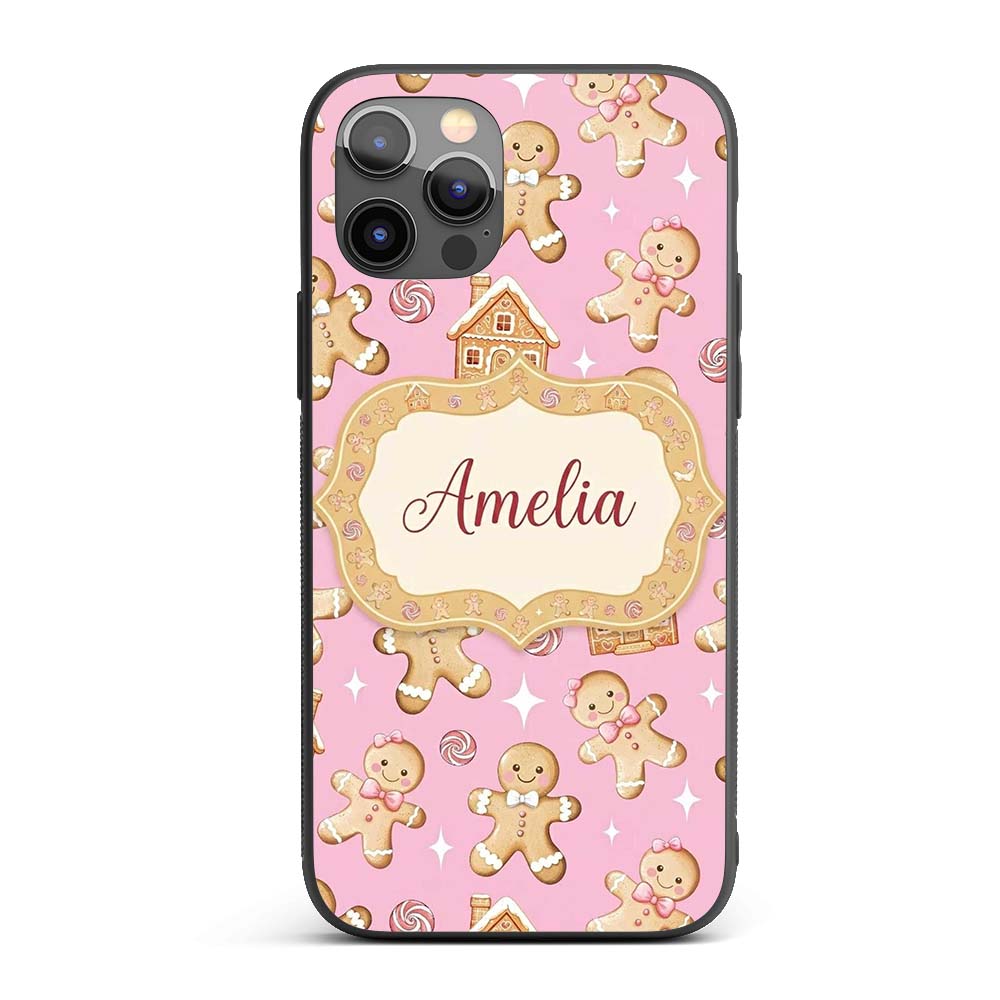Cute Gingerbread Cookies Candy House Pastel Pink Custom Name Protective Phone Case Mobile Cover Durable Everyday Smartphone Shock Resistant