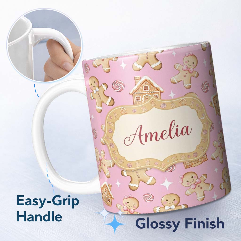 Personalized Custom Name Cute Gingerbread Cookies Candy House Pastel Pink Background 11oz Ceramic Coffee Tea Mug White Large Handle