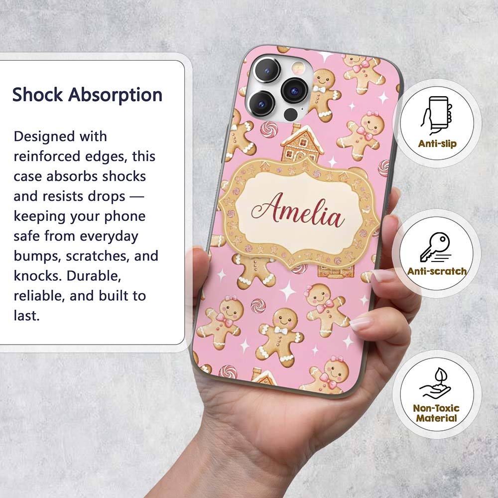 Cute Gingerbread Cookies Candy House Pastel Pink Custom Name Protective Phone Case Mobile Cover Durable Everyday Smartphone Shock Resistant