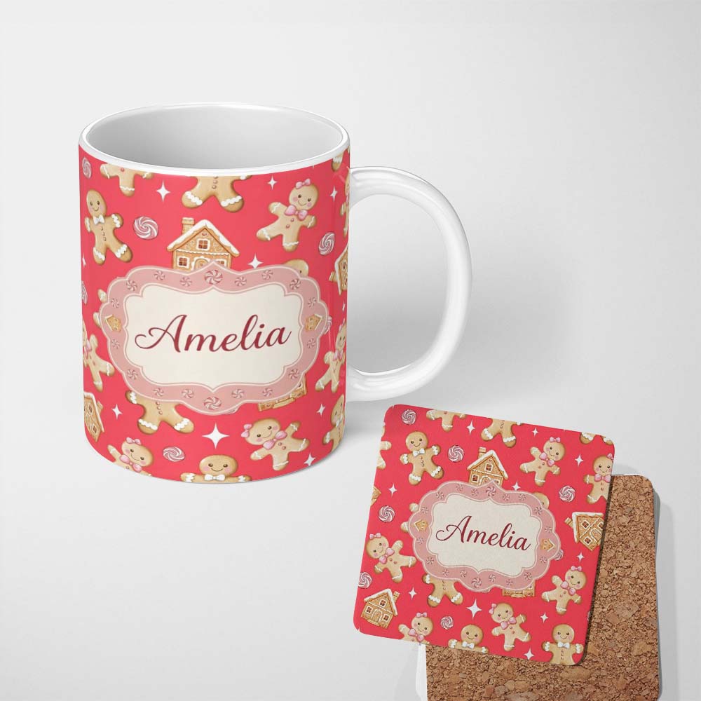 Personalized Custom Name Cute Gingerbread Cookies Candy House Red Background Seamless 11oz Ceramic Coffee Tea Mug White Large Handle