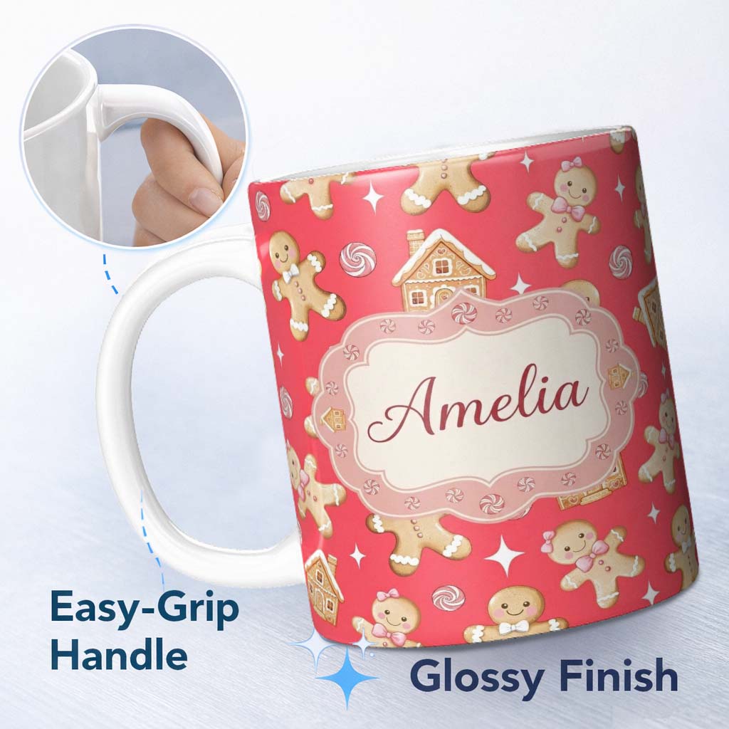 Personalized Custom Name Cute Gingerbread Cookies Candy House Red Background Seamless 11oz Ceramic Coffee Tea Mug White Large Handle