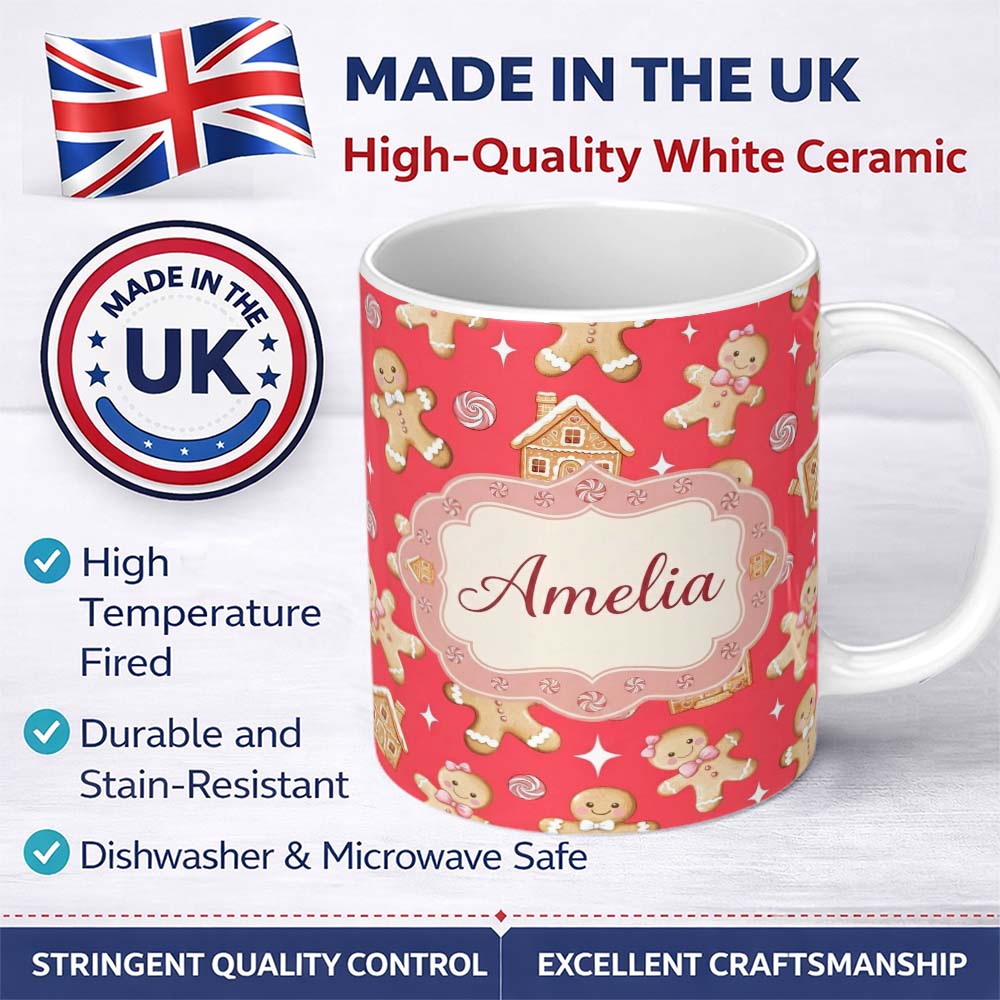 Personalized Custom Name Cute Gingerbread Cookies Candy House Red Background Seamless 11oz Ceramic Coffee Tea Mug White Large Handle