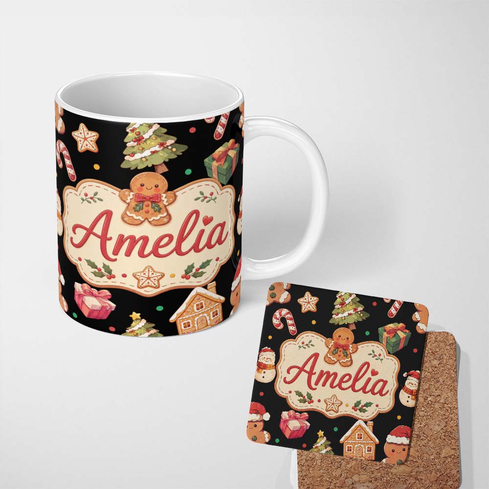 Personalized Custom Name Cute Christmas Gingerbread Tree Candy Cane Black Background 11oz Ceramic Coffee Tea Mug White Large Handle