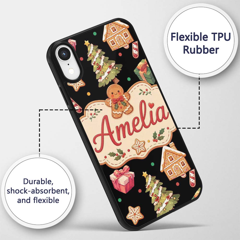 Cute Christmas Gingerbread Tree Candy Cane Black Custom Name Protective Phone Case Mobile Cover Durable Everyday Smartphone Shock Resistant