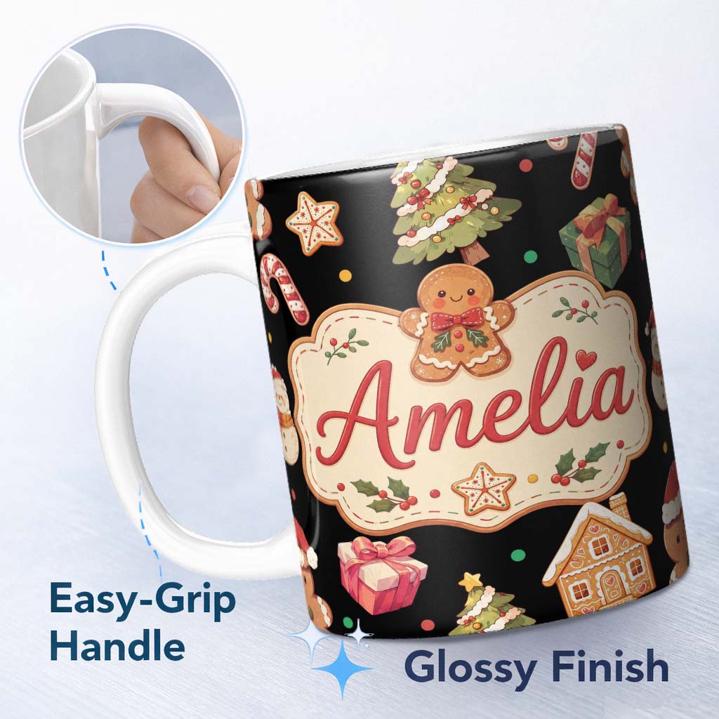 Personalized Custom Name Cute Christmas Gingerbread Tree Candy Cane Black Background 11oz Ceramic Coffee Tea Mug White Large Handle