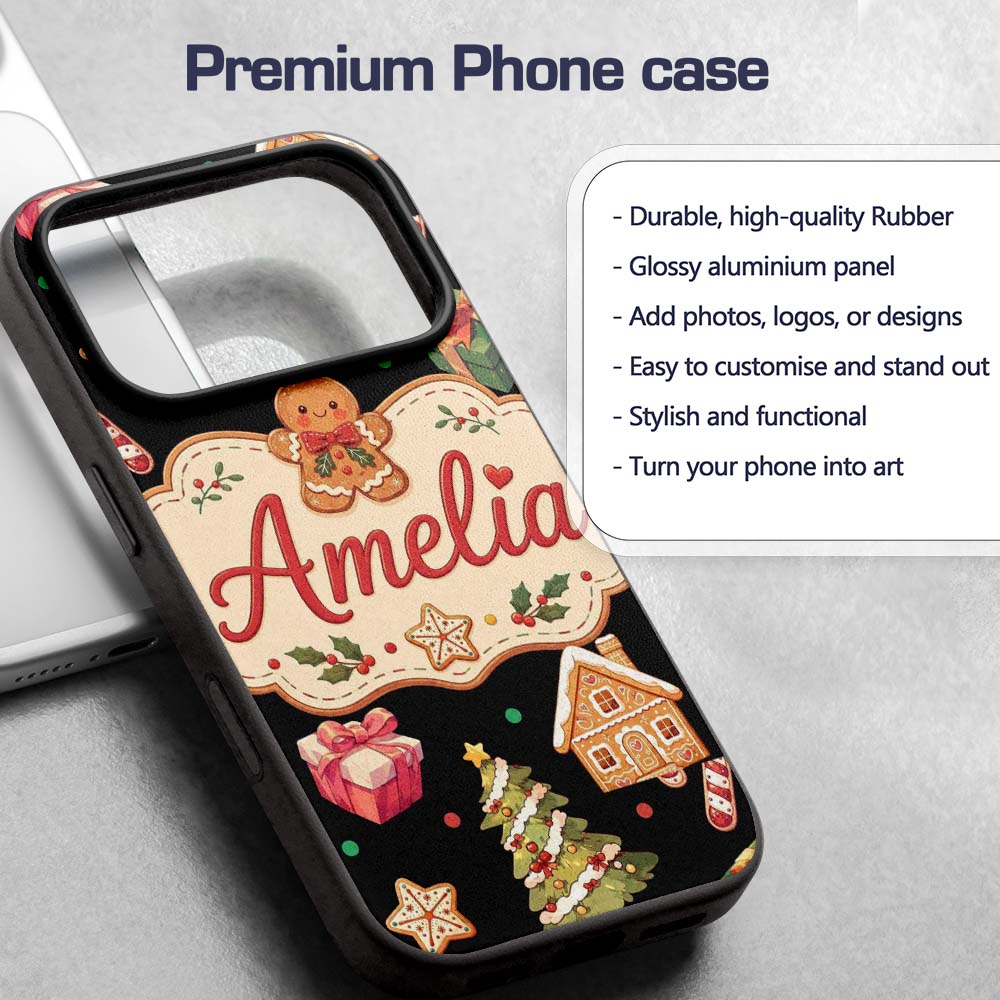 Cute Christmas Gingerbread Tree Candy Cane Black Custom Name Protective Phone Case Mobile Cover Durable Everyday Smartphone Shock Resistant