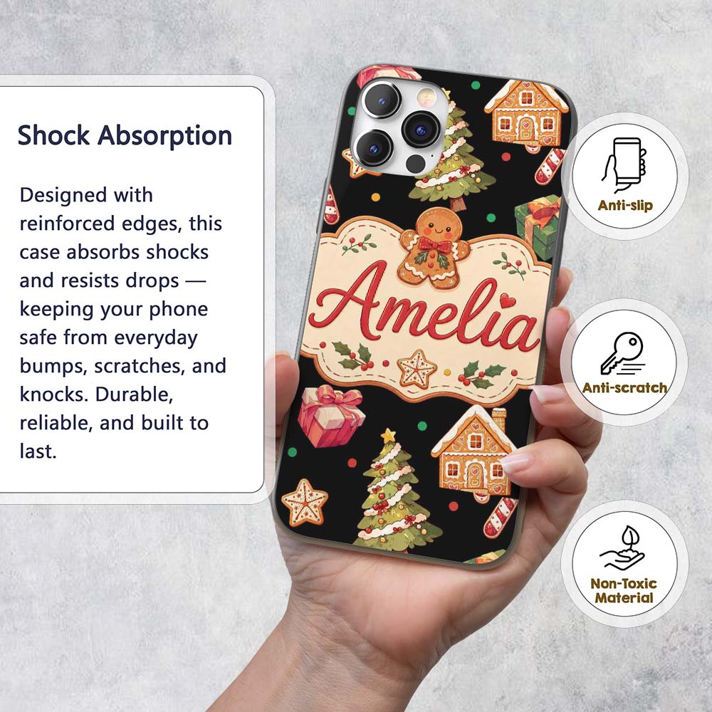 Cute Christmas Gingerbread Tree Candy Cane Black Custom Name Protective Phone Case Mobile Cover Durable Everyday Smartphone Shock Resistant