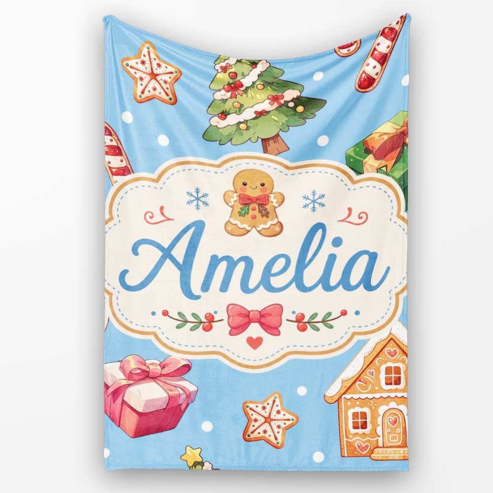 Cute Christmas Gingerbread Tree Candy Cane Blue Background Seamless Personalised Custom Name Super Soft Fleece Blanket Bed Sofa Throw