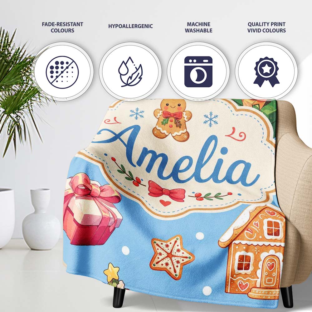 Cute Christmas Gingerbread Tree Candy Cane Blue Background Seamless Personalised Custom Name Super Soft Fleece Blanket Bed Sofa Throw