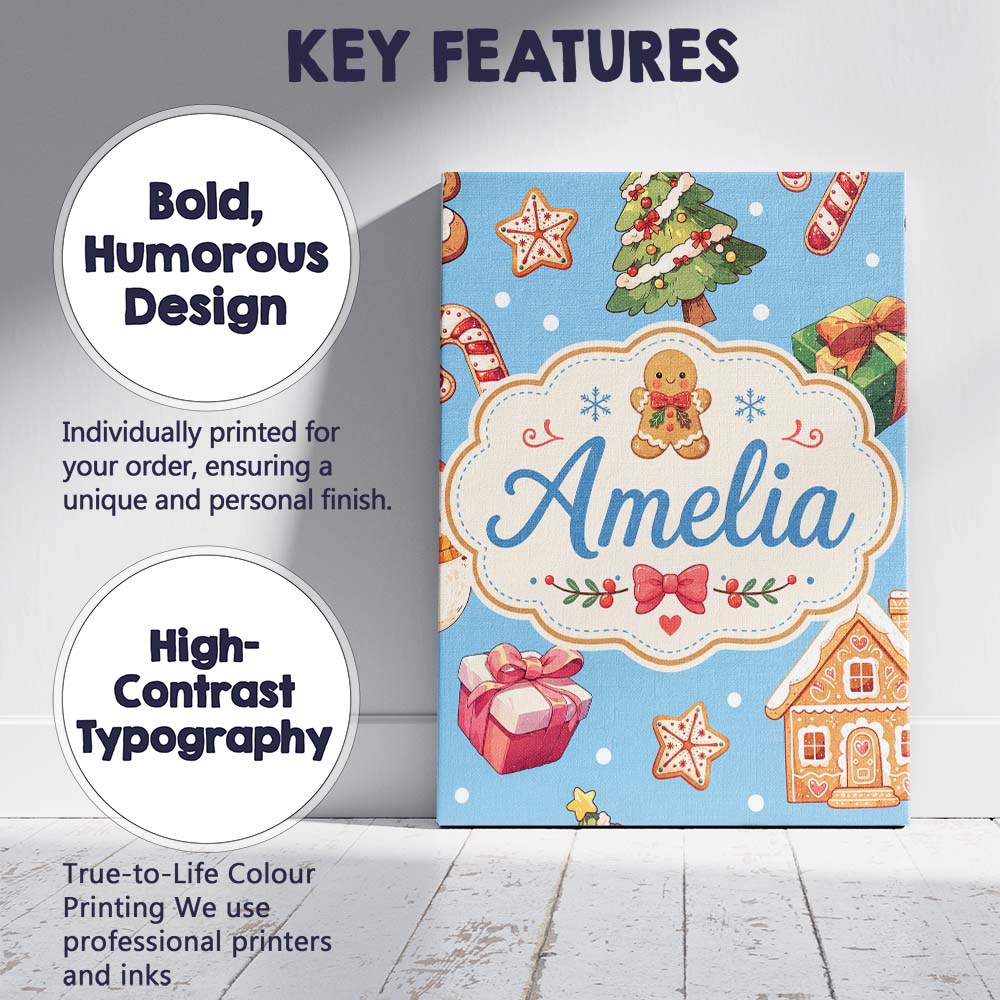 Personalised Name Cute Christmas Gingerbread Custom Bespoke Contemporary Display Canvas Wall Art Print Decor Picture Ready to Hang