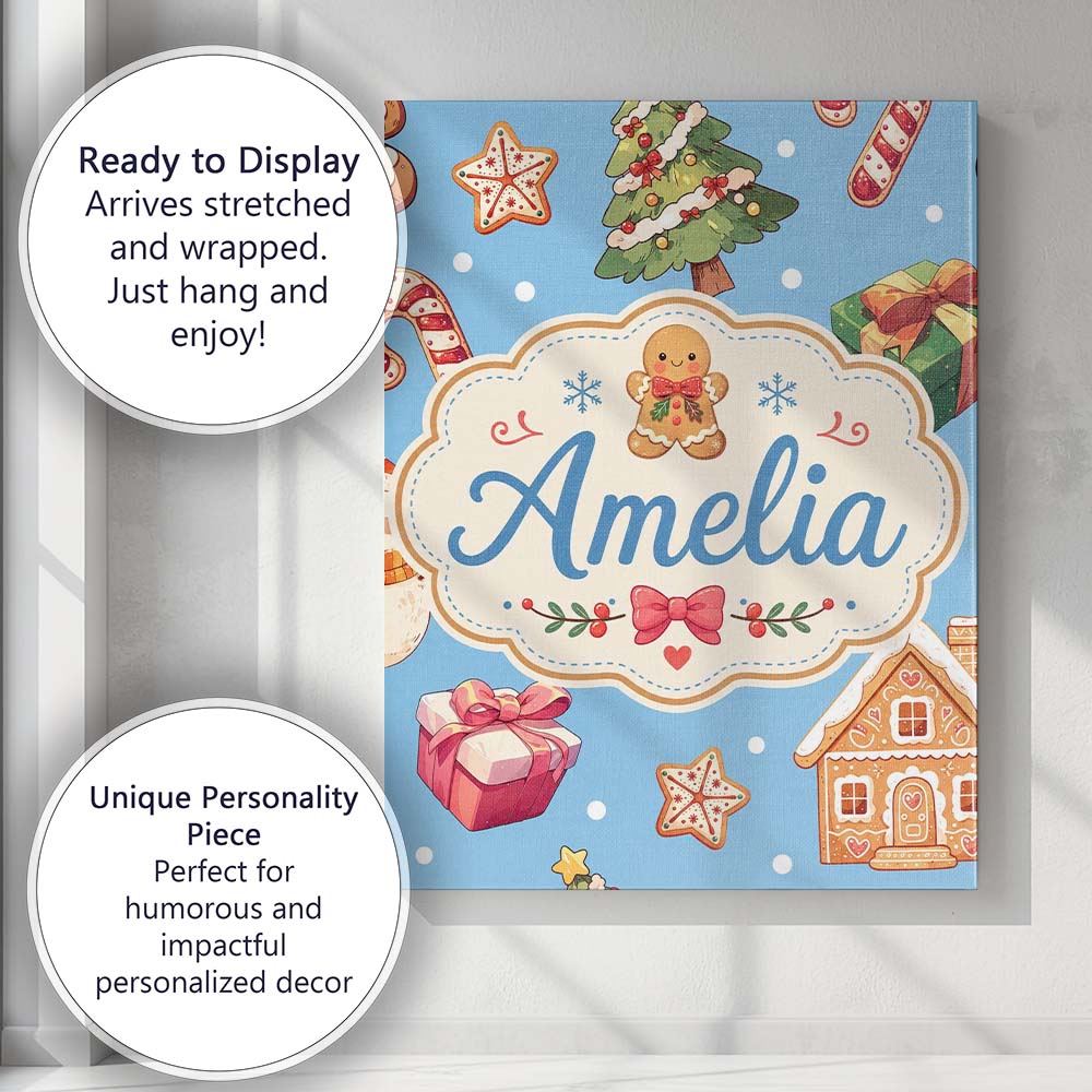 Personalised Name Cute Christmas Gingerbread Custom Bespoke Contemporary Display Canvas Wall Art Print Decor Picture Ready to Hang