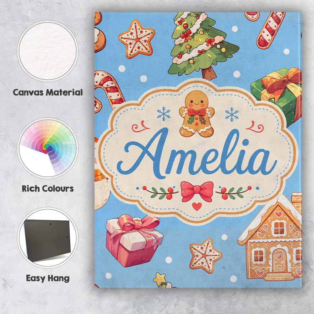 Personalised Name Cute Christmas Gingerbread Custom Bespoke Contemporary Display Canvas Wall Art Print Decor Picture Ready to Hang