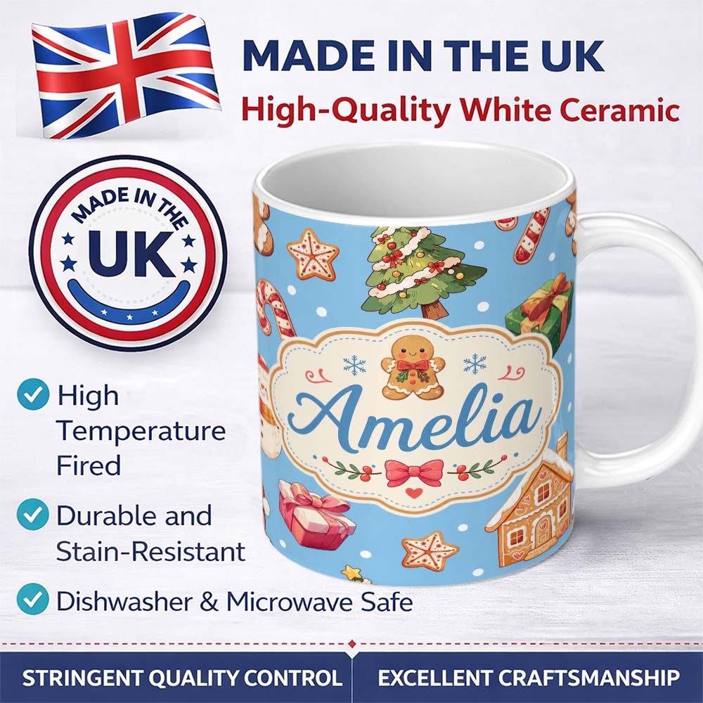 Personalized Custom Name Cute Christmas Gingerbread Tree Candy Cane Blue Background Seamless 11oz Ceramic Coffee Tea Mug White Large Handle