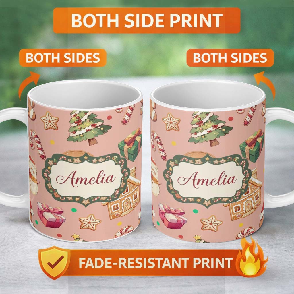 Personalized Custom Name Cute Christmas Gingerbread Tree Candy Cane Peach Background 11oz Ceramic Coffee Tea Mug White Large Handle