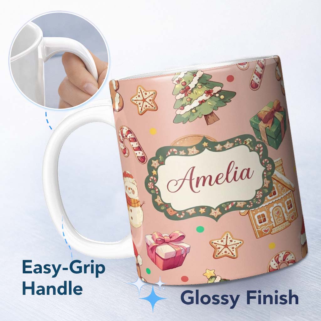 Personalized Custom Name Cute Christmas Gingerbread Tree Candy Cane Peach Background 11oz Ceramic Coffee Tea Mug White Large Handle