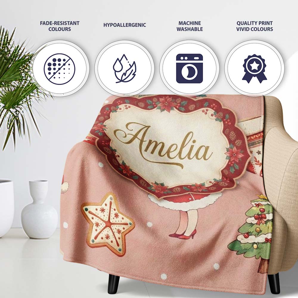Cute Christmas Nutcracker Wreath Cake Girl Pink Background Seamless Personalised Custom Name Super Soft Fleece Blanket Bed Sofa Throw