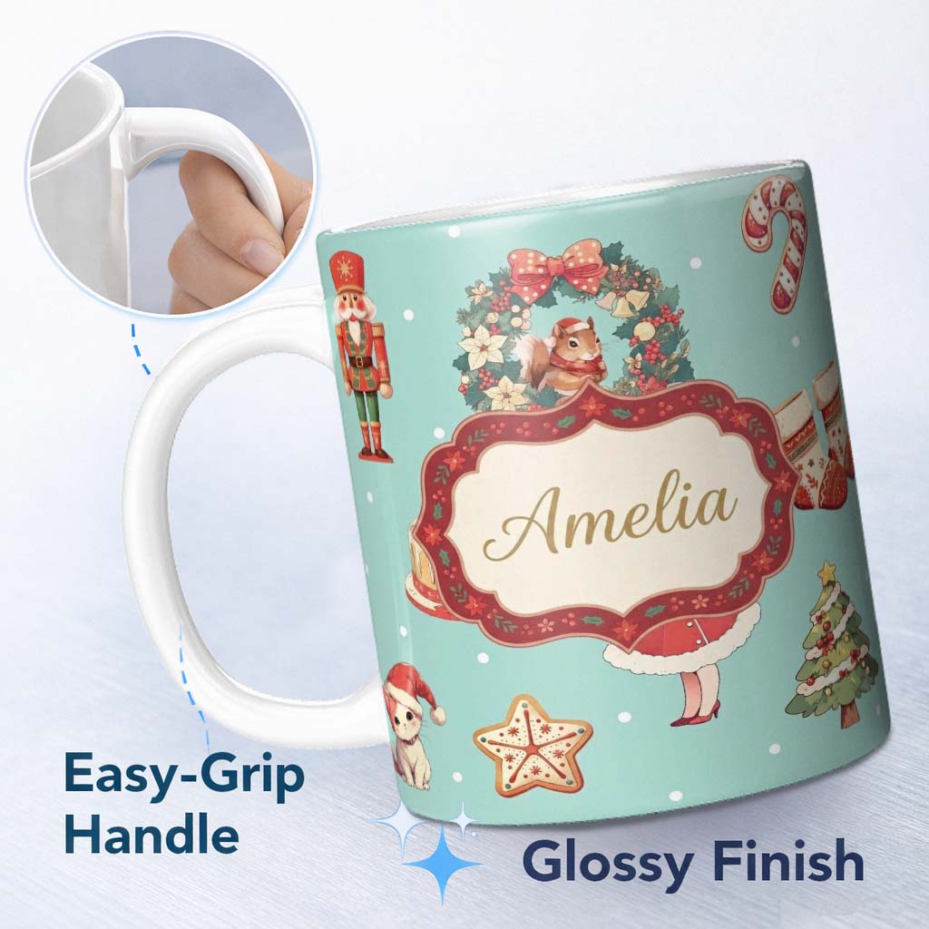 Personalized Custom Name Cute Christmas Nutcracker Wreath Cake Girl Teal Background Seamless 11oz Ceramic Coffee Tea Mug White Large Handle