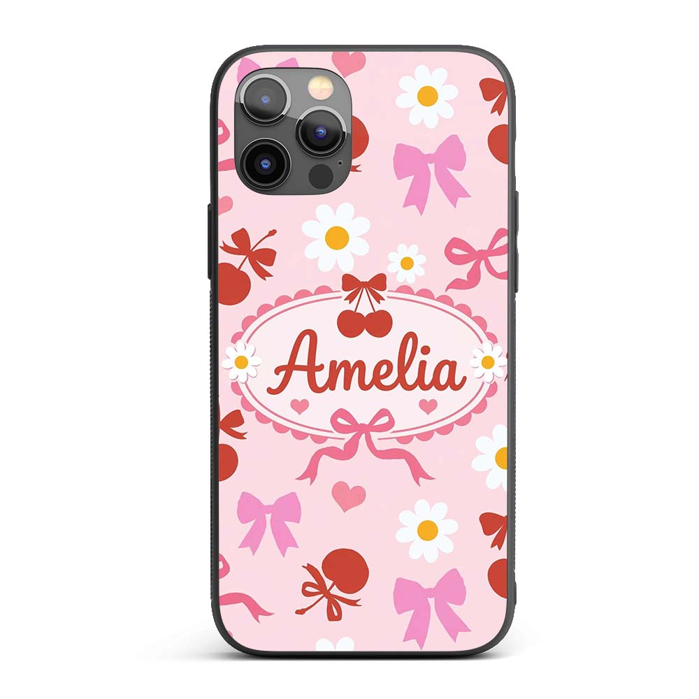 Cute Cherry Bow Daisy Heart Seamless Pattern on Custom Name Protective Phone Case Mobile Cover Durable Everyday Smartphone Shock Resistant