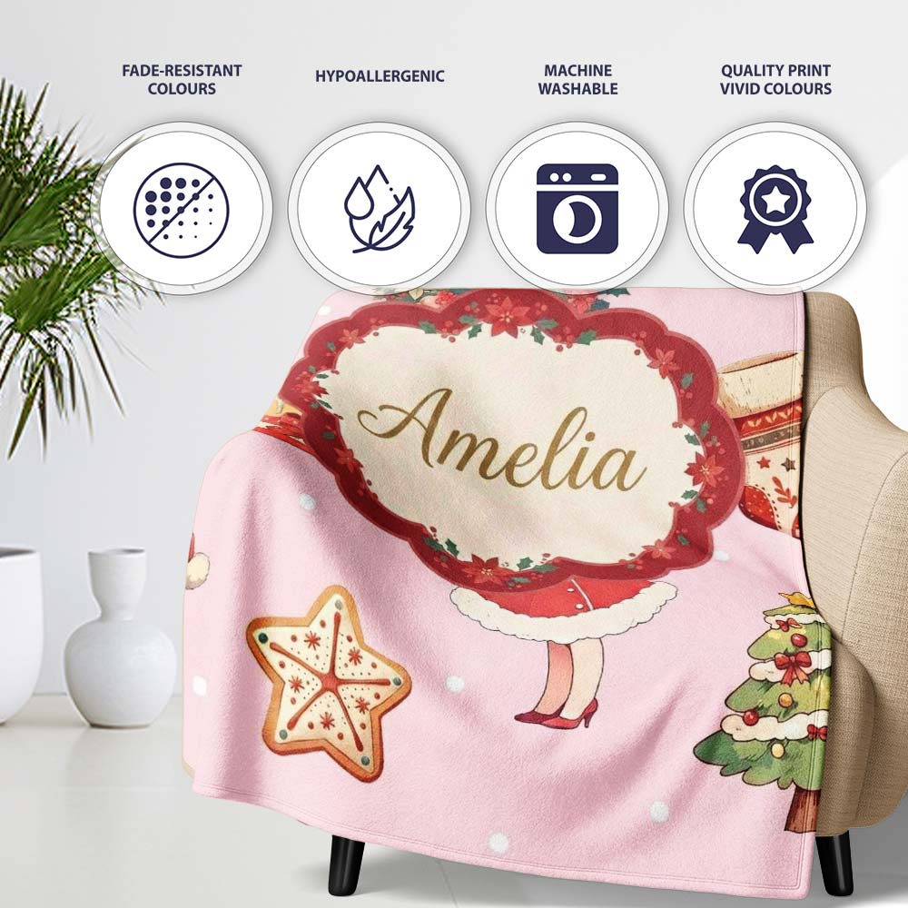 Christmas Nutcracker Wreath Cake Girl Soft Pink Background Seamless Personalised Custom Name Super Soft Fleece Blanket Bed Sofa Throw