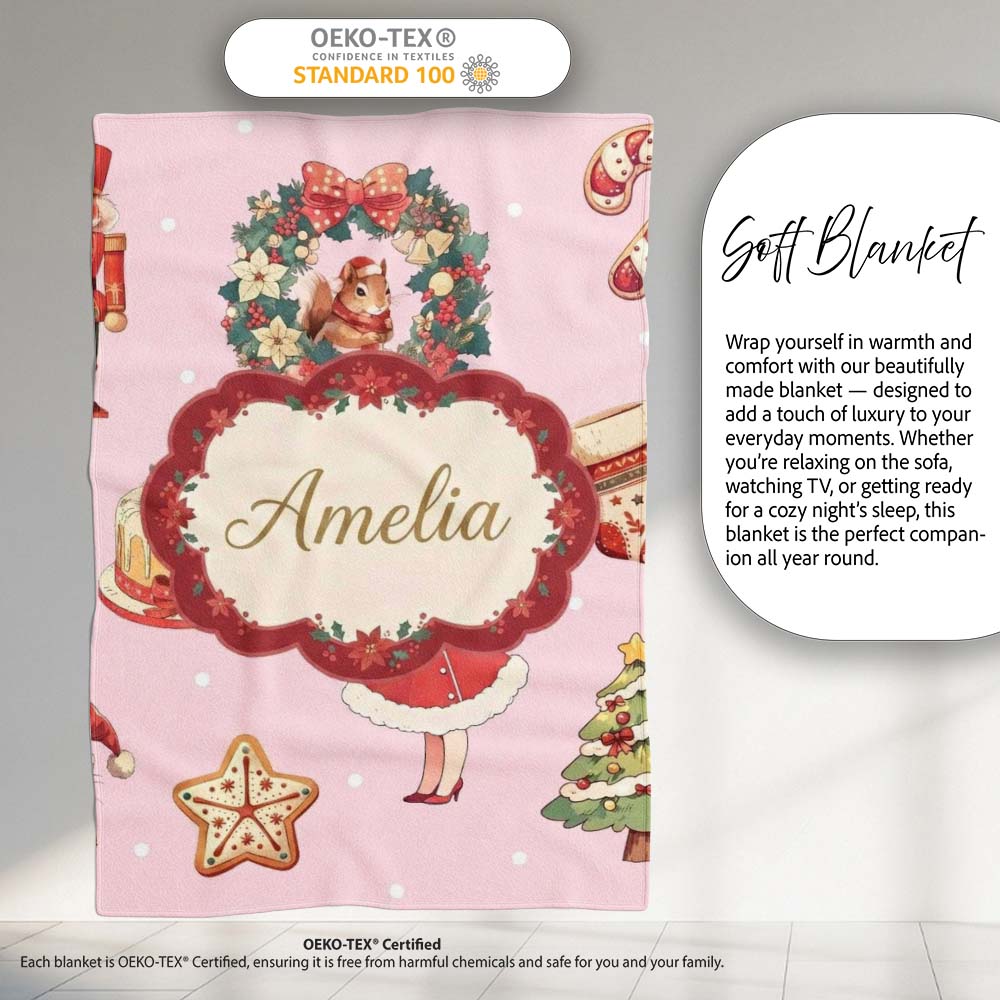 Christmas Nutcracker Wreath Cake Girl Soft Pink Background Seamless Personalised Custom Name Super Soft Fleece Blanket Bed Sofa Throw