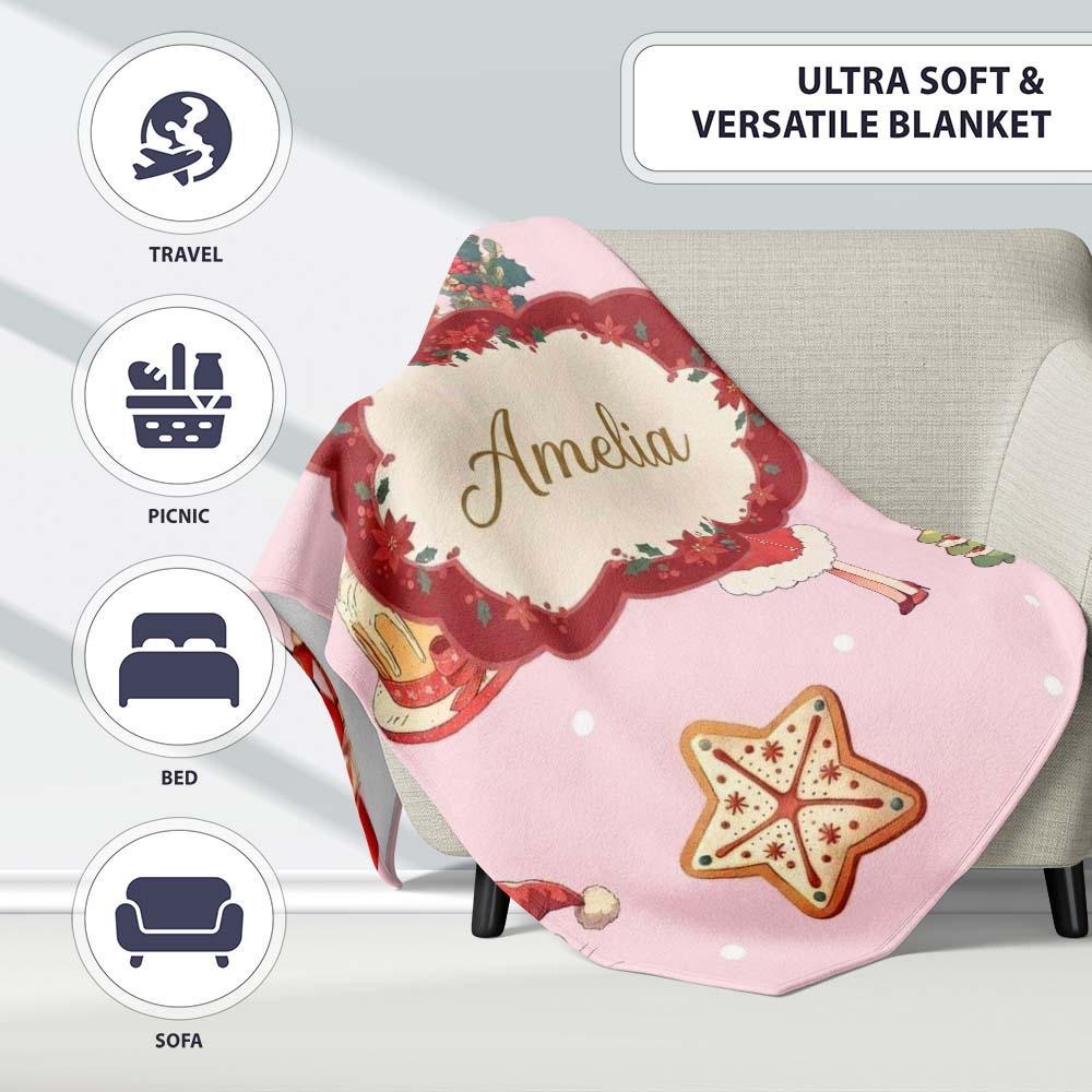 Christmas Nutcracker Wreath Cake Girl Soft Pink Background Seamless Personalised Custom Name Super Soft Fleece Blanket Bed Sofa Throw