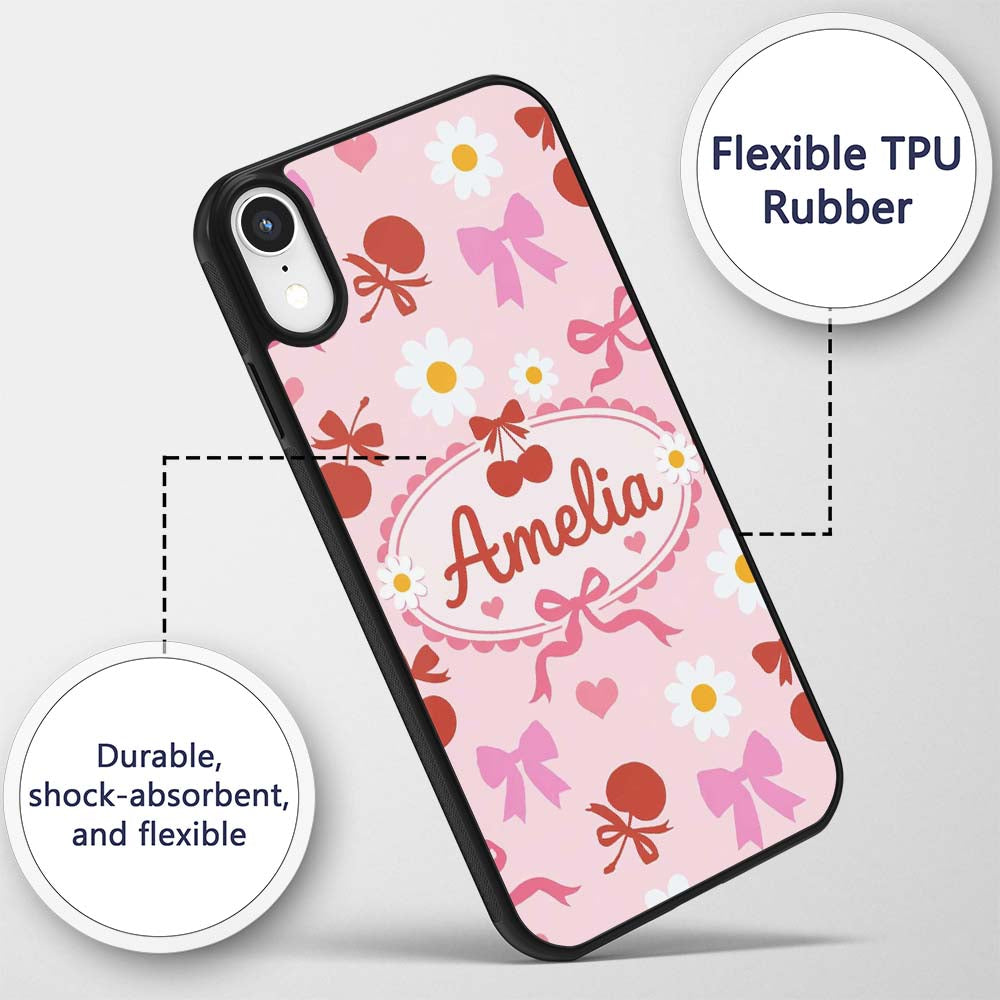Cute Cherry Bow Daisy Heart Seamless Pattern on Custom Name Protective Phone Case Mobile Cover Durable Everyday Smartphone Shock Resistant