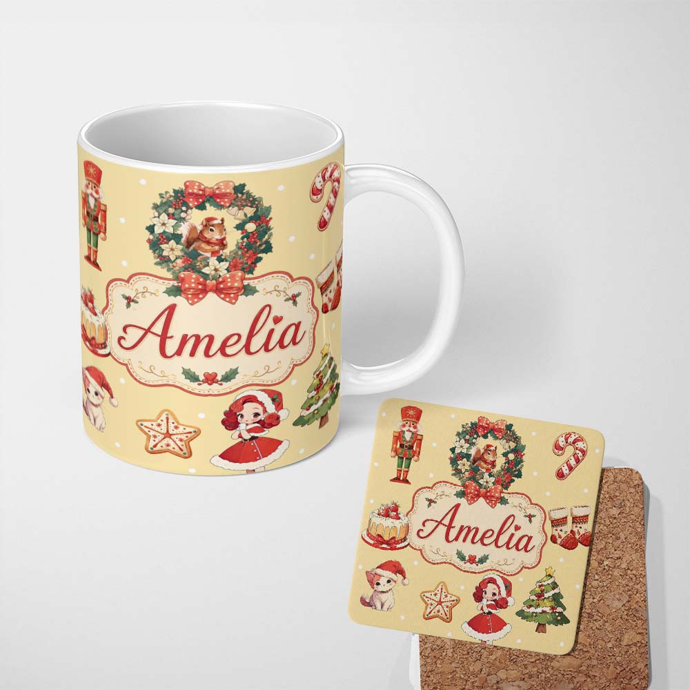 Personalized Custom Name Cute Christmas Nutcracker Wreath Cake Girl Beige Background 11oz Ceramic Coffee Tea Mug White Large Handle