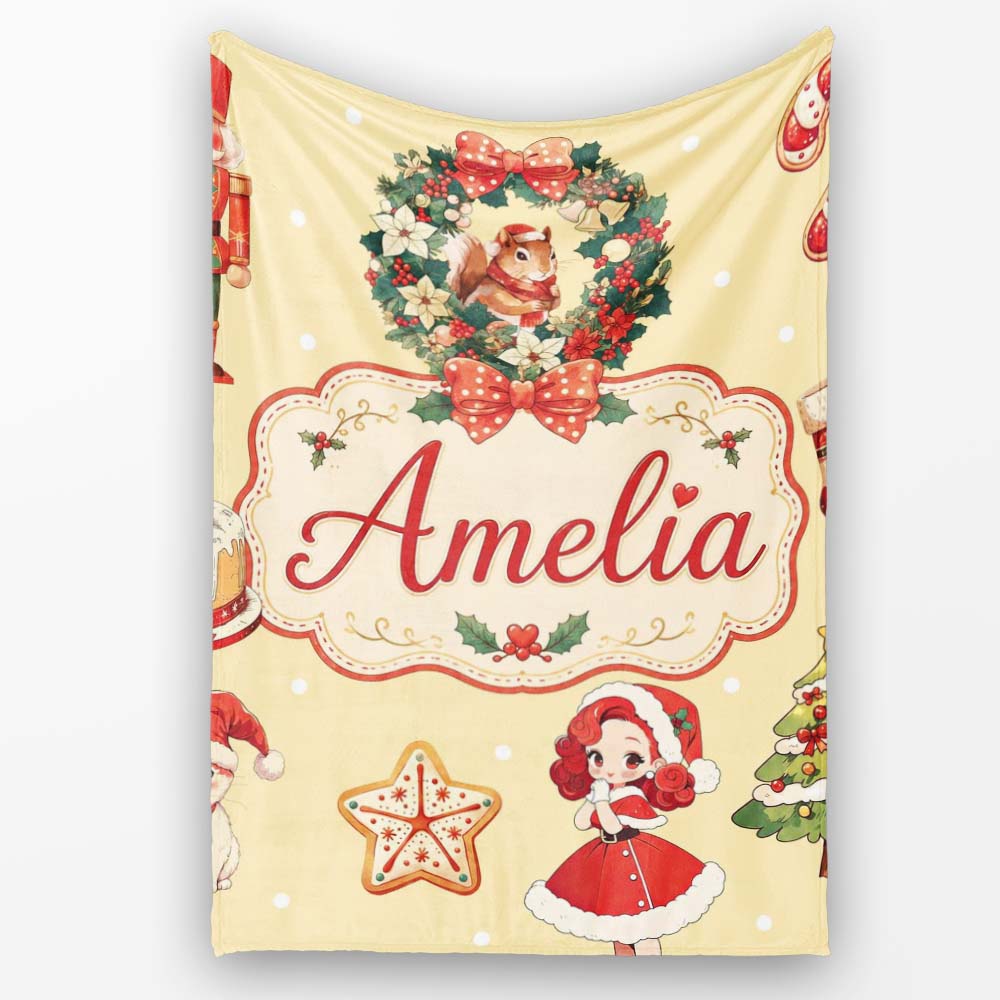 Cute Christmas Nutcracker Wreath Cake Girl Beige Background Personalised Custom Name Super Soft Fleece Blanket Bed Sofa Throw