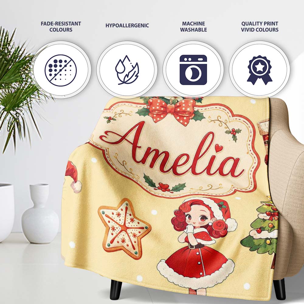 Cute Christmas Nutcracker Wreath Cake Girl Beige Background Personalised Custom Name Super Soft Fleece Blanket Bed Sofa Throw