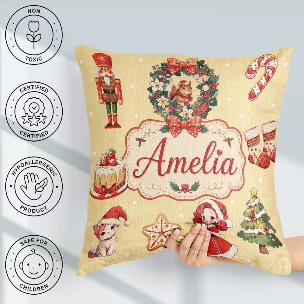 Custom Name Cute Christmas Nutcracker Cake Girl Beige Background Square Filled Cushion Throw Pillow Sofa Bed Home Decor Zip Washable UK Made