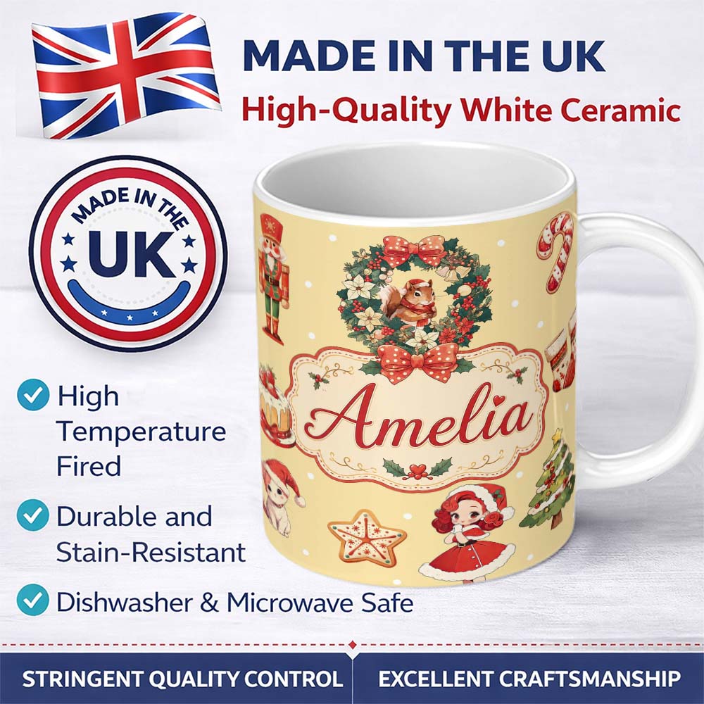 Personalized Custom Name Cute Christmas Nutcracker Wreath Cake Girl Beige Background 11oz Ceramic Coffee Tea Mug White Large Handle