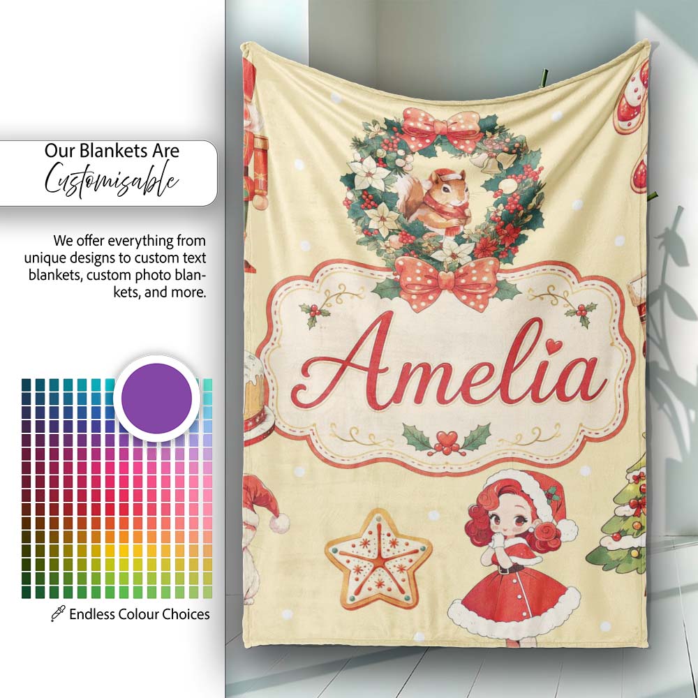 Cute Christmas Nutcracker Wreath Cake Girl Beige Background Personalised Custom Name Super Soft Fleece Blanket Bed Sofa Throw