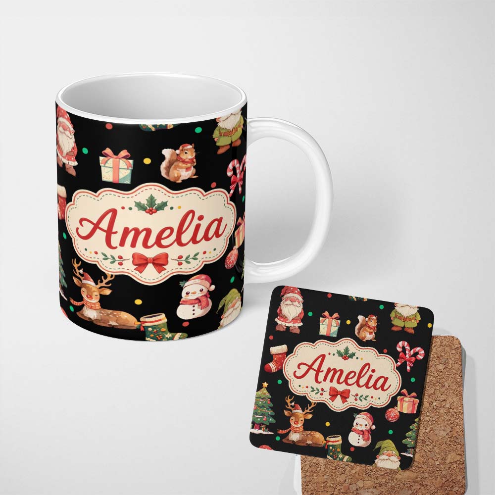 Personalized Custom Name Cute Christmas Gnome Reindeer Snowman Gift Black Background 11oz Ceramic Coffee Tea Mug White Large Handle