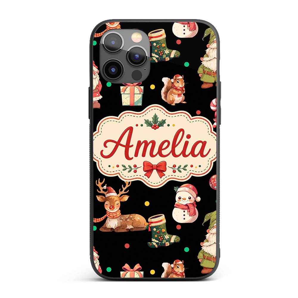 Cute Christmas Gnome Reindeer Snowman Gift Black Custom Name Protective Phone Case Mobile Cover Durable Everyday Smartphone Shock Resistant