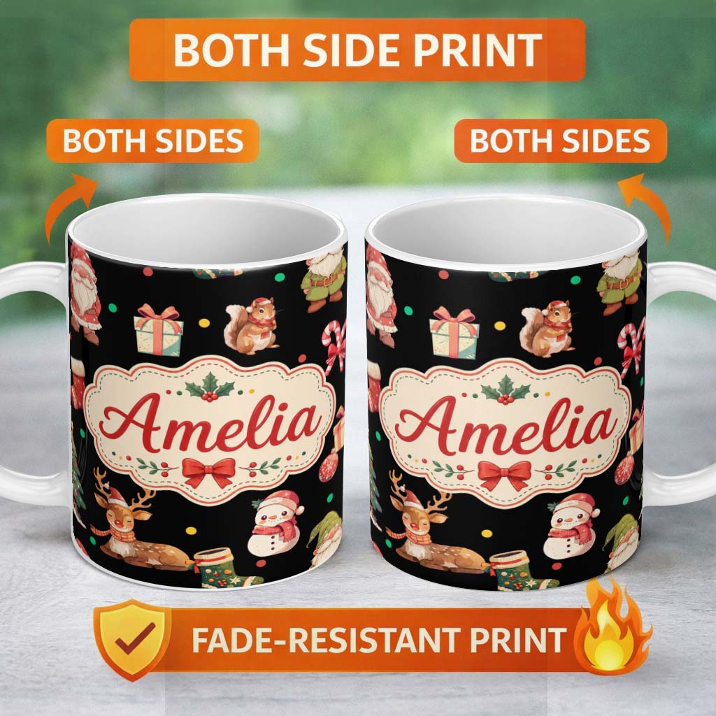 Personalized Custom Name Cute Christmas Gnome Reindeer Snowman Gift Black Background 11oz Ceramic Coffee Tea Mug White Large Handle