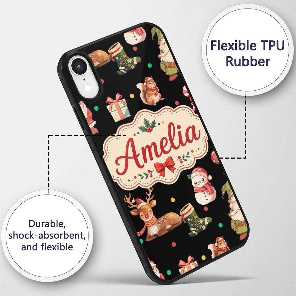 Cute Christmas Gnome Reindeer Snowman Gift Black Custom Name Protective Phone Case Mobile Cover Durable Everyday Smartphone Shock Resistant